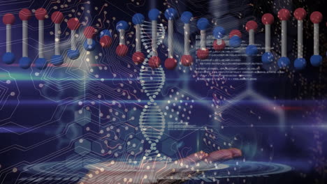 Animación-De-La-Cadena-De-ADN-Y-Entrega-De-La-Placa-De-Circuito-De-Computadora-Y-Procesamiento-De-Datos.