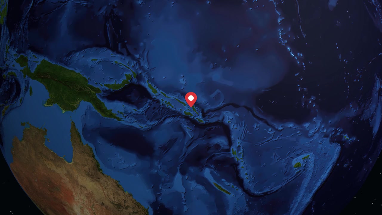 A 3D rotating earth zooms into Auki, Solomon Islands, with data overlay and location marker