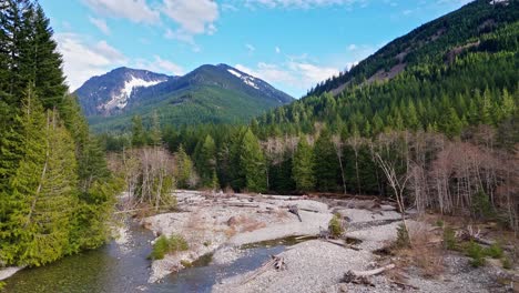 beautiful view of hansen creek in evergreen forest with mountains in the background in snoqualmie, washington state