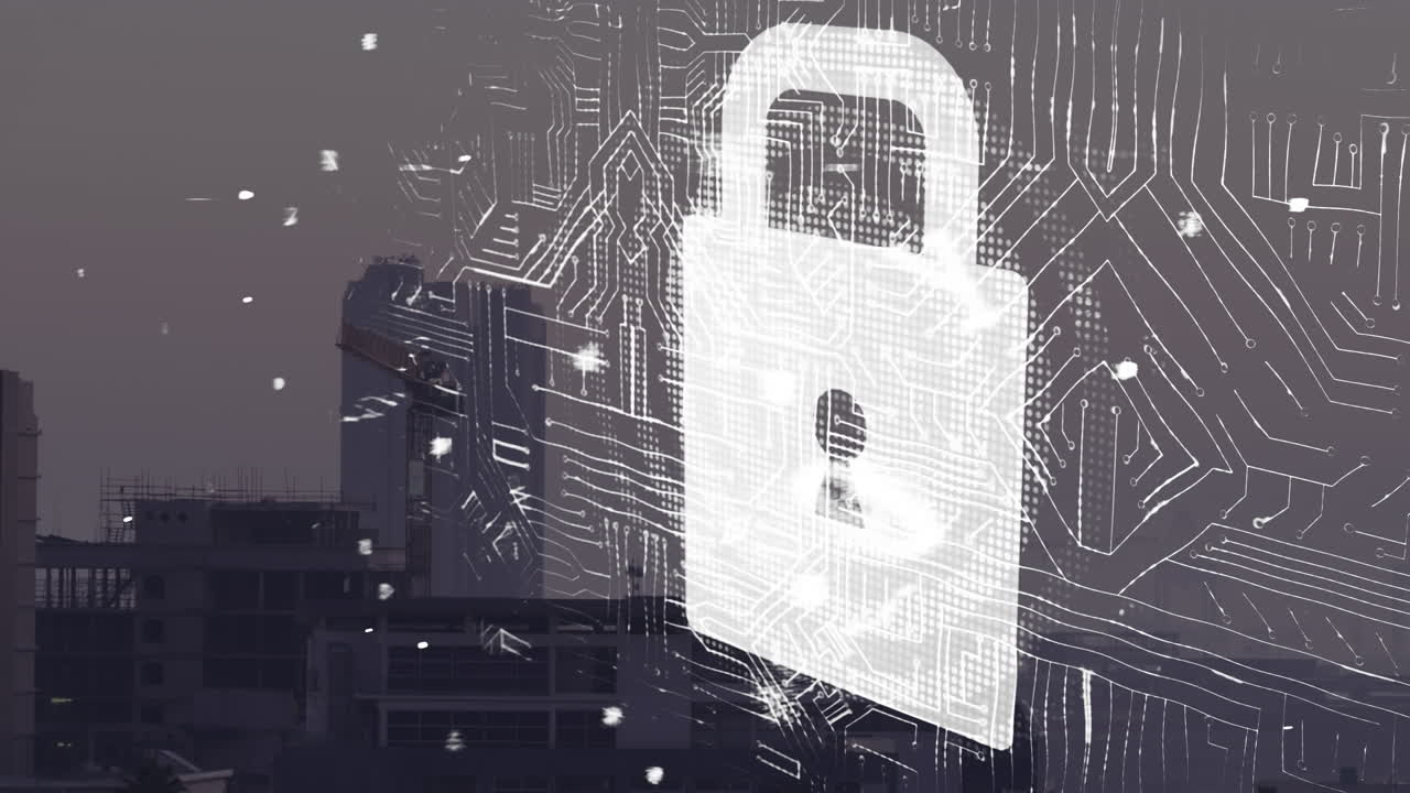 animación de candado y procesamiento de datos sobre el paisaje urbano