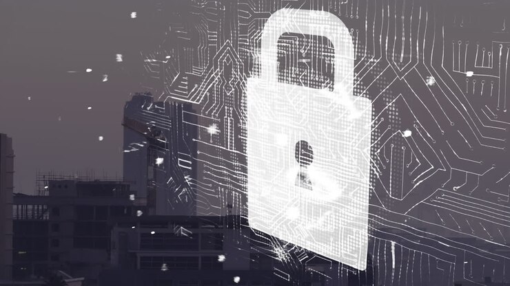 Animation of padlock and data processing over cityscape