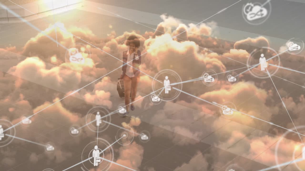 Animation of network of connections over woman using smartphone and clouds