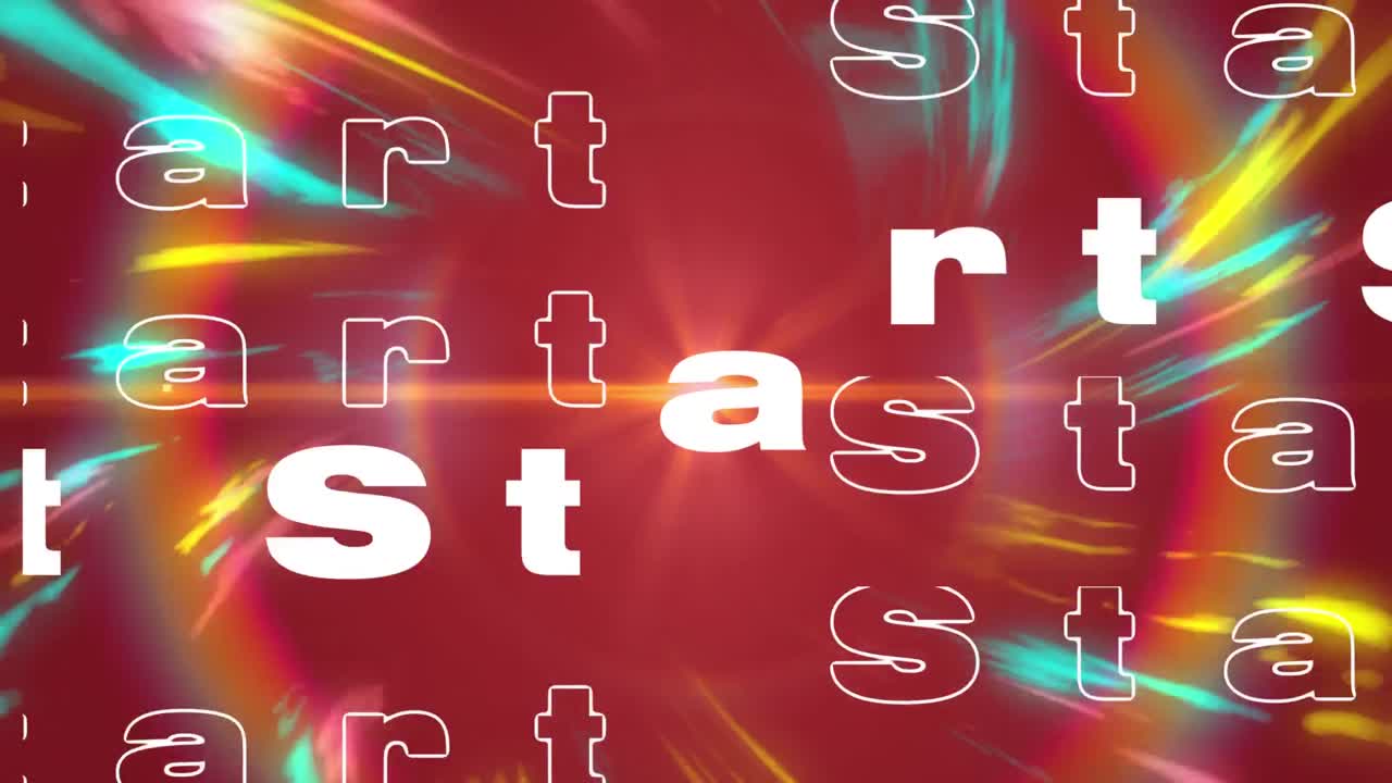 Animazione digitale di testo 'start' su onde digitali su sfondo rosso.