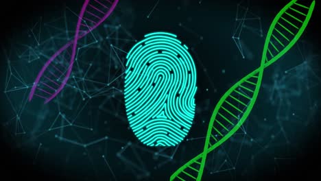 Biometric-scanner-and-security-padlock-icons-against-dna-structures-and-network-of-connections