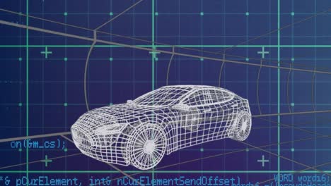 Animation-of-data-processing-over-grid-network-against-3d-car-model-on-blue-background