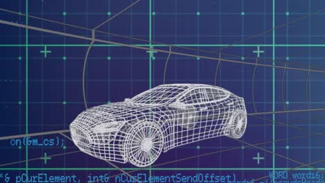 animazione dell'elaborazione dei dati sulla rete di rete contro il modello di auto 3d su sfondo blu