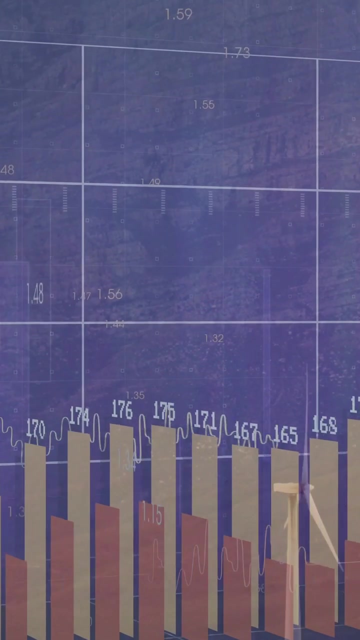 Vertical video: Data grid appearing over turbine, bars rising and waveform tracking power output