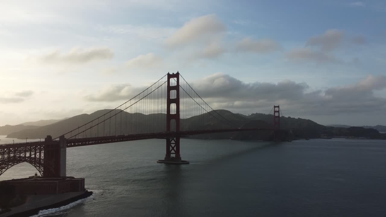 Aerial Sunset View Of The Golden Gate Bridge, The Iconic Gateway To San Francisco, California (USA).