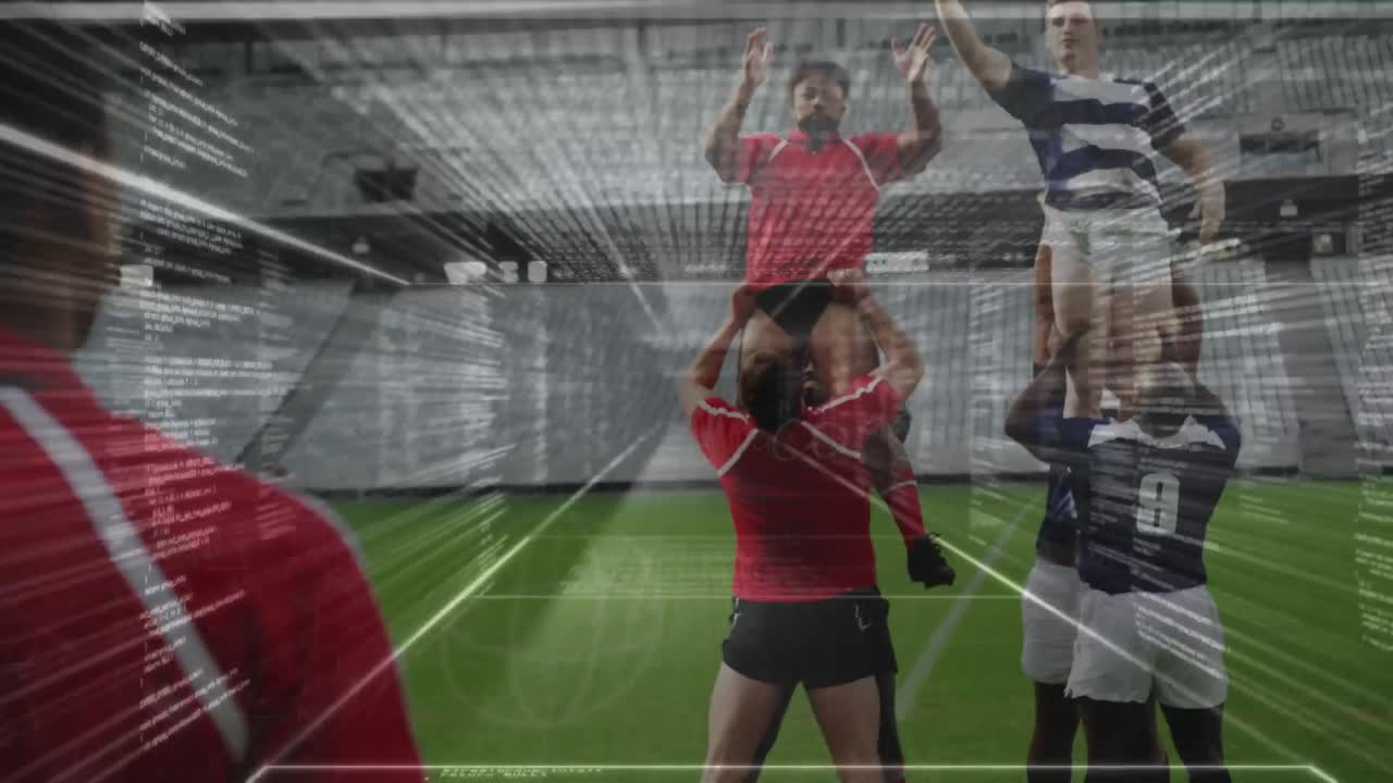animación del procesamiento de datos sobre jugadores de rugby en el estadio