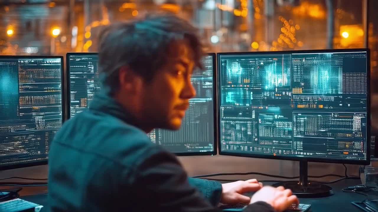 A programmer working with multiple monitors