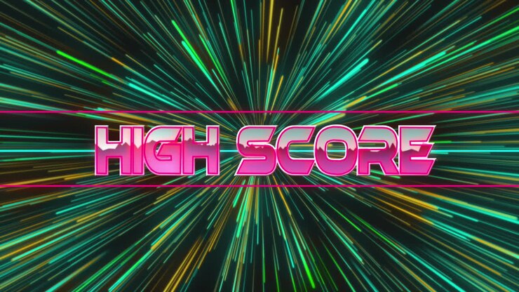 Animation of high score text banner over green light trails in seamless pattern on black background