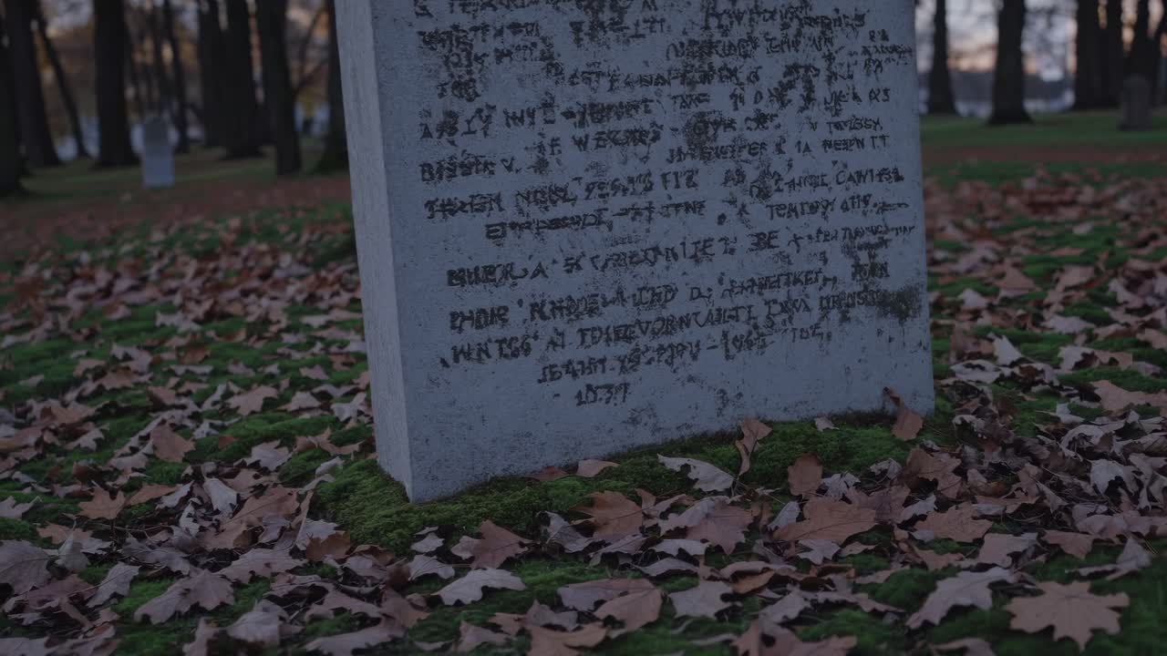 Low-angle video of a gravestone in a serene, leaf-covered park setting, capturing the somber mood