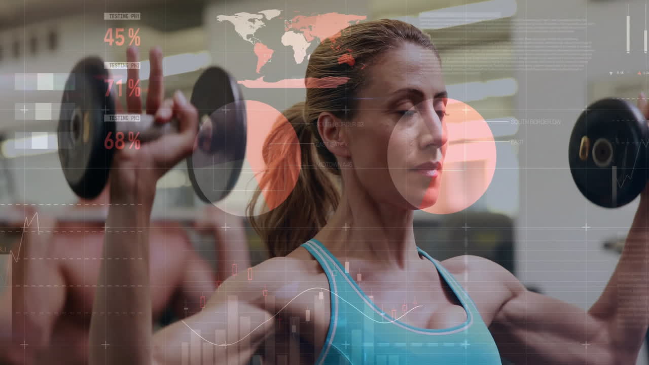 Fitness data analysis animation over people working out in gym