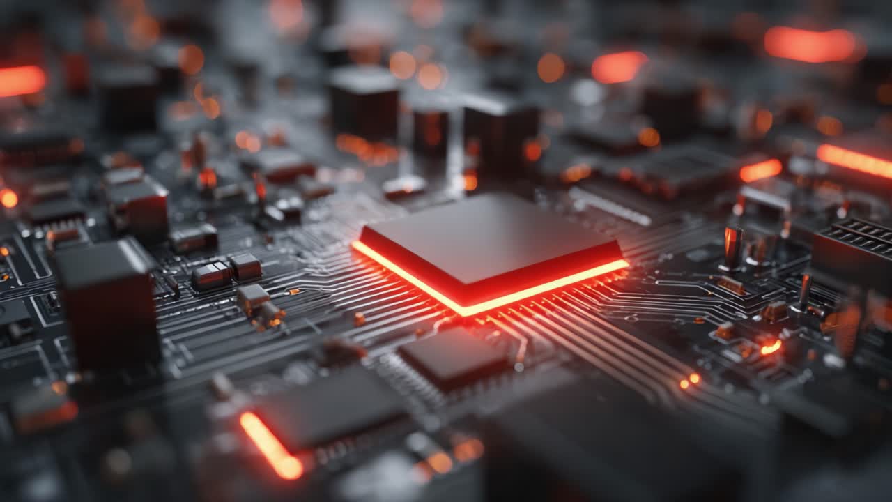 Et intrikat nærbillede af et moderne kredsløbskort med en central mikroprocessor omgivet af glødende komponenter og avancerede teknologielementer