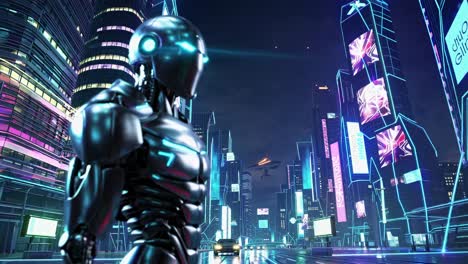 robot and child in a futuristic city