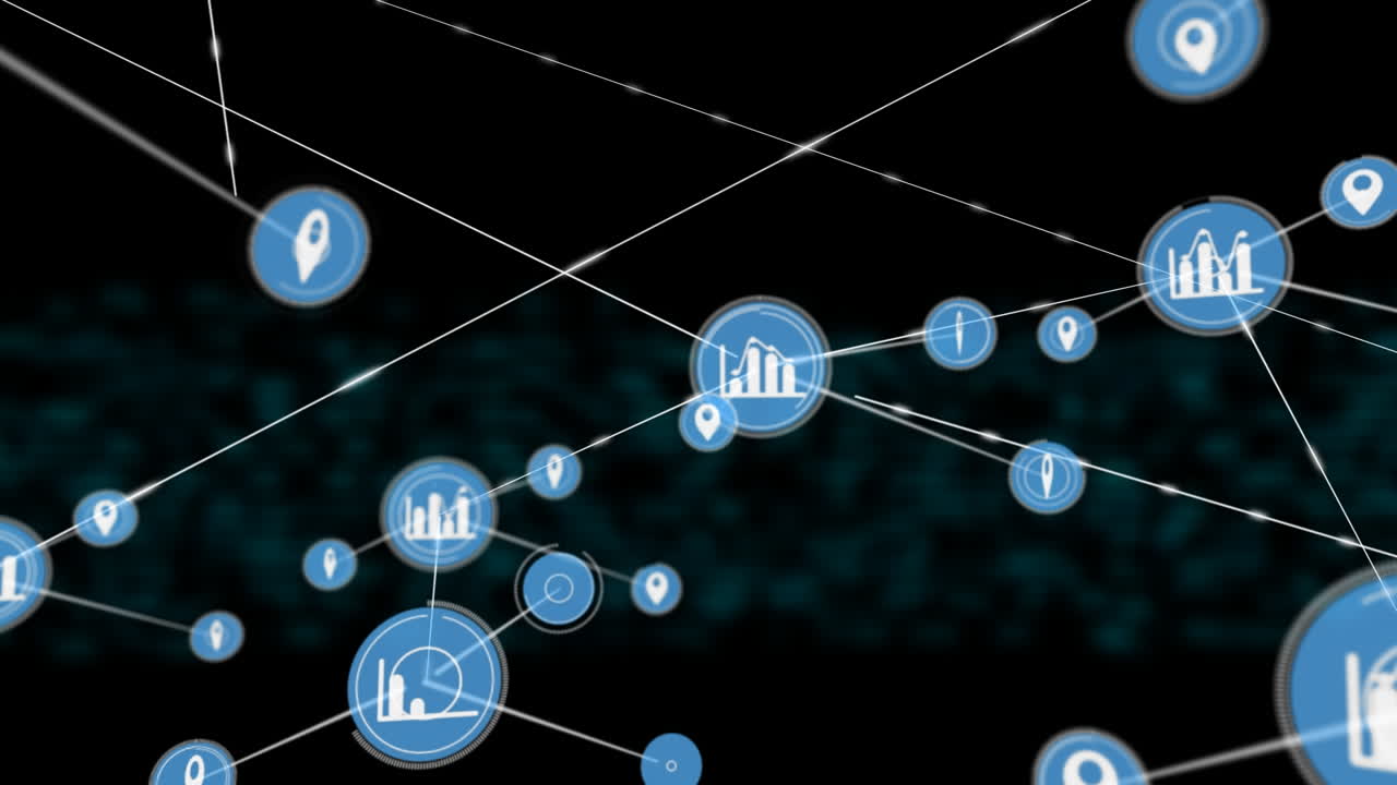 Animation of network of connections with icons over shapes on black background