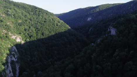 Bosque-En-Pequeñas-Montañas-En-Un-Valle-Creado-Por-Un-Río,-Aéreo