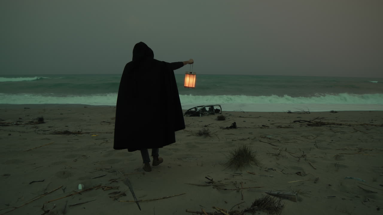 Silhouette Of A Man Walking Towards The Stormy Ocean The Night Of Darkness