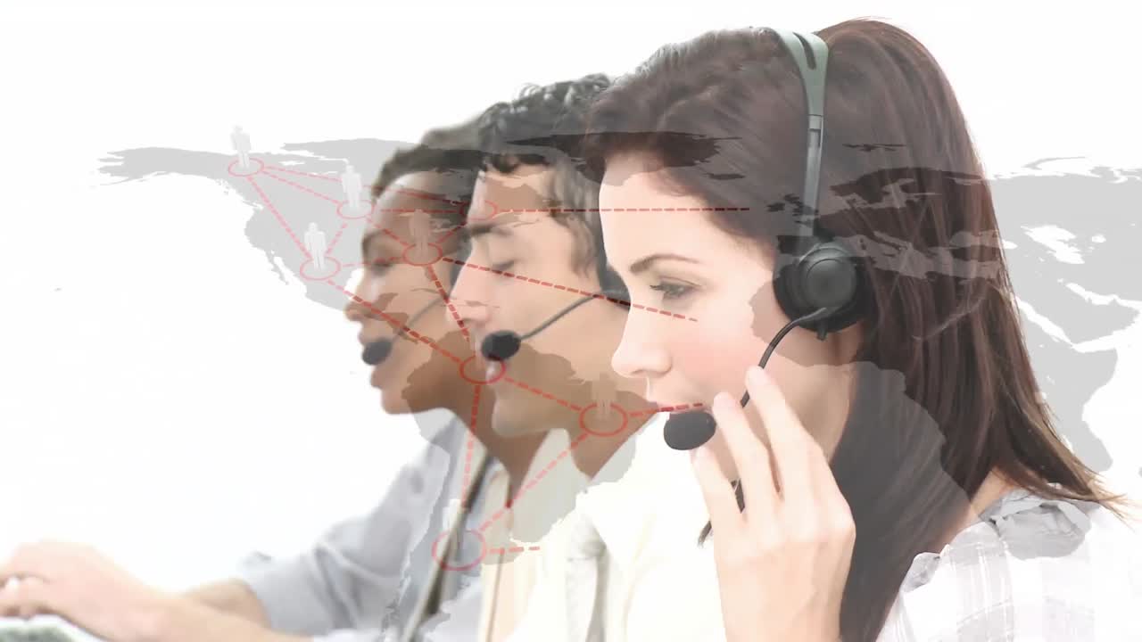 전화 헤드 ⁇ 을 착용 한 사업가 들 위 에 있는 아이콘 과 연결 된 네트워크 의 애니메이션