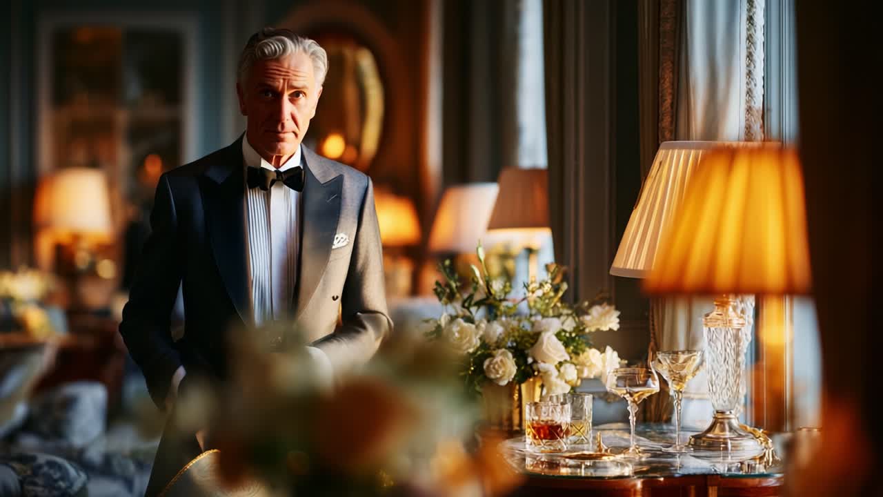 An Elegant Evening: A Distinguished Gentleman in Formal Attire Reflects Amidst a Luxurious Dining Setting Illuminated by Soft Amber Lights and Floral Arrangements