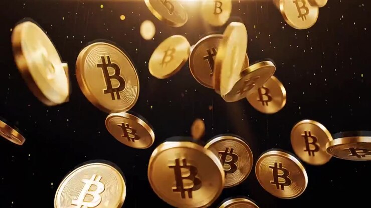 Bitcoin in rotazione su sfondo nero drammatico 4k