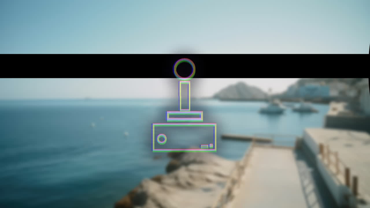 Joystick icon animation over blurred coastal landscape with boats and pier