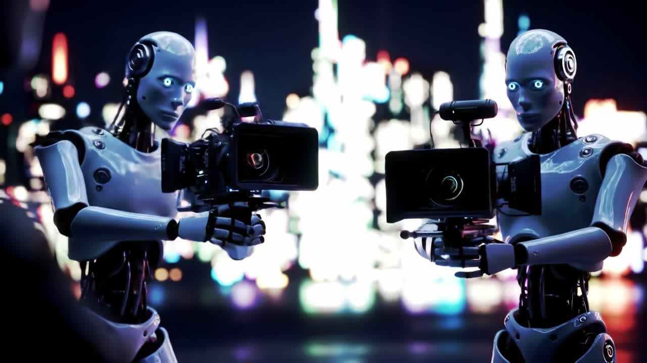Two humanoid robots are actively filming in a vibrant, illuminated city at night, showcasing advanced technology and creative pursuits in an impressive urban landscape.