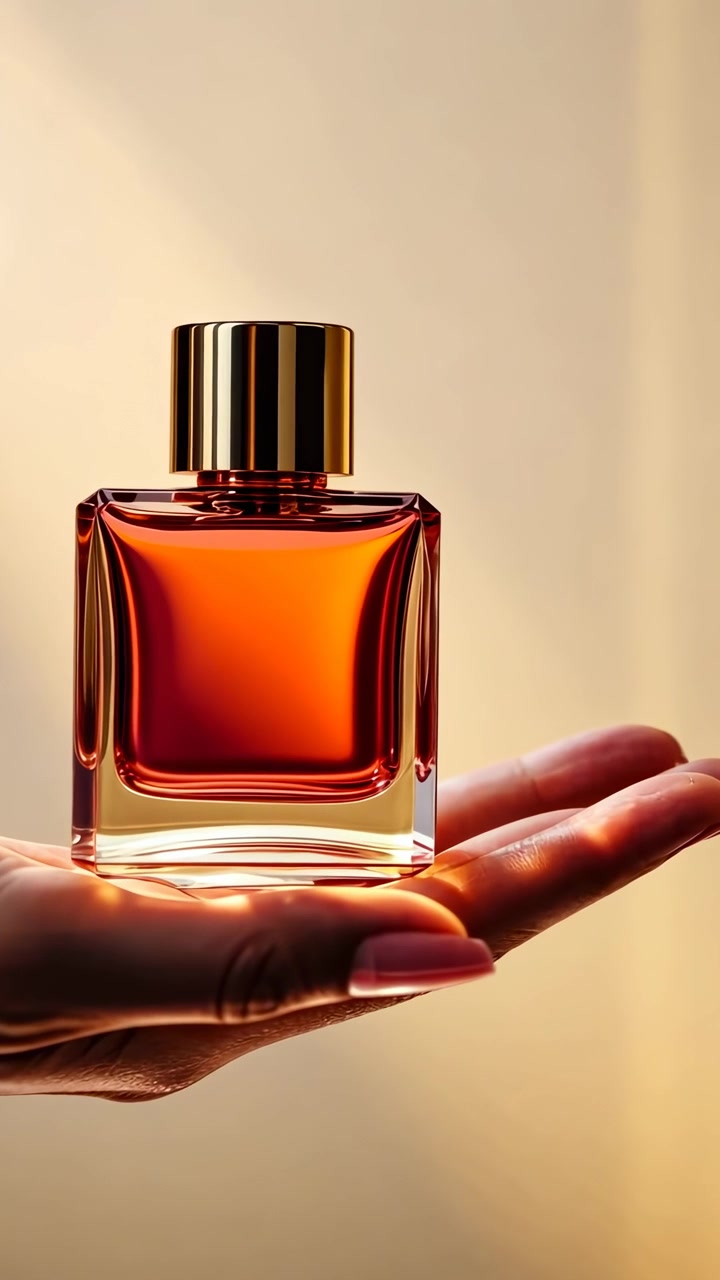 Primo piano di una mano che tiene un'elegante bottiglia di profumo color ambra