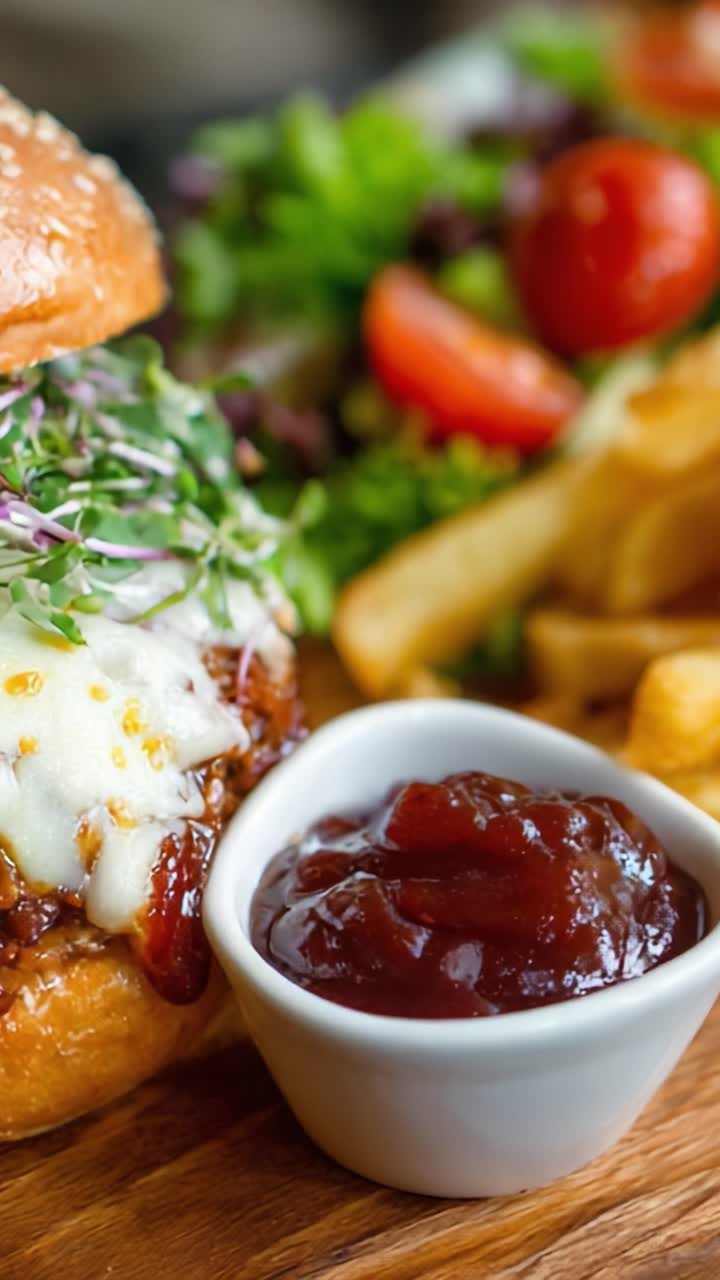 Delizioso hamburger gourmet con condimenti freschi e contorni, tra cui patatine fritte croccanti e salsa saporita su un piatto di legno, perfetto per un'esperienza culinaria soddisfacente