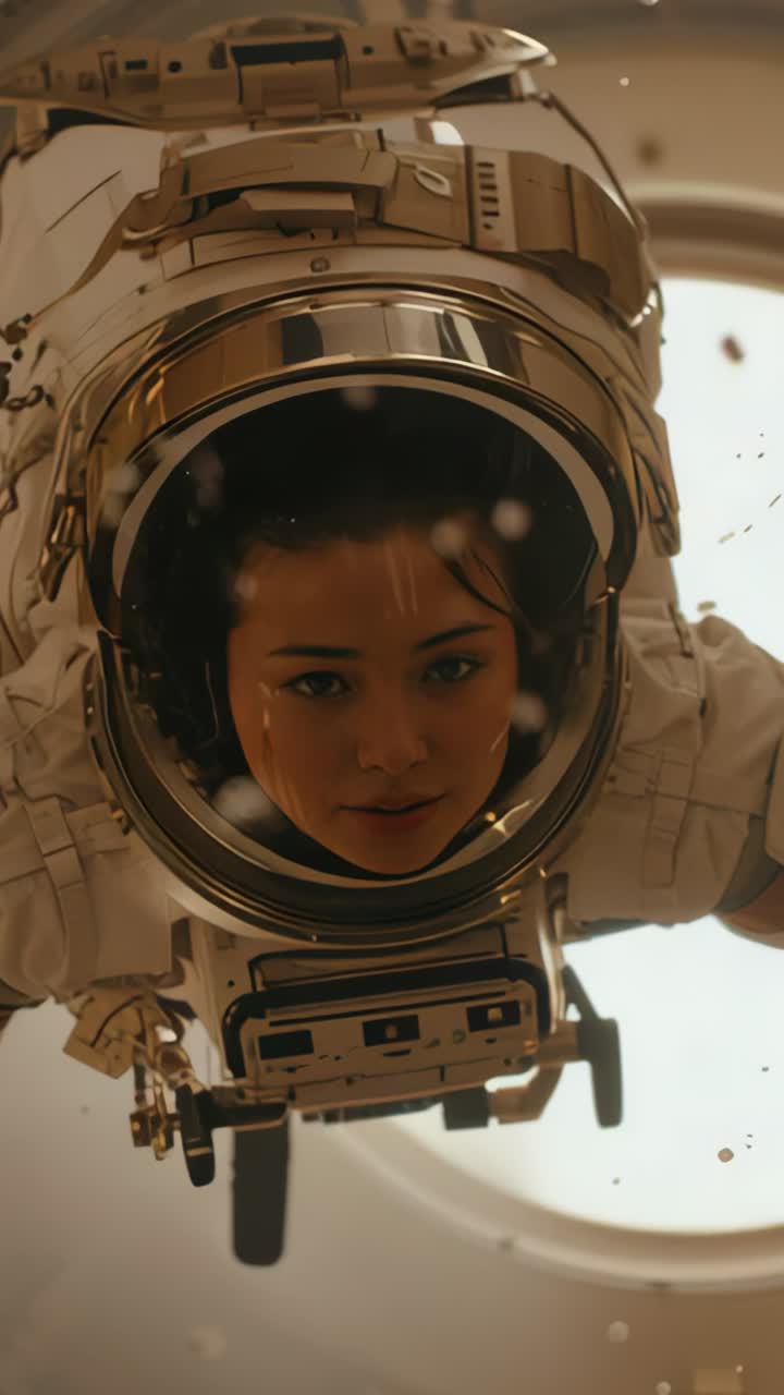 Vertical video: Drifting suited astronaut scanning hull in airlock upon hatch opening wearing visor