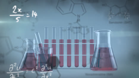 animación de estructuras de compuestos químicos contra tubos de ensayo de laboratorio y vasos con líquido rojo