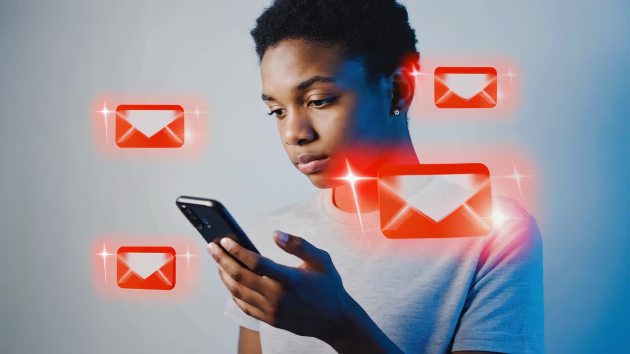 Teenager using smartphone with email notifications