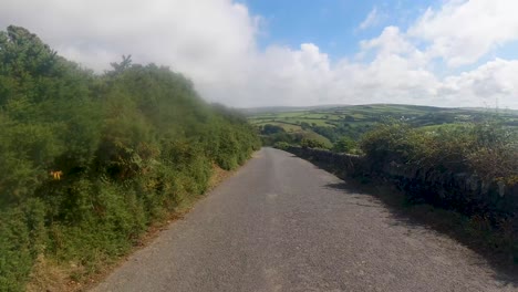 Schnelles,-Reibungsloses-Fahren-Pov-Auf-Landstraße-Mit-Tallandschaft-Enthüllen-In-North-Devon-Uk-4k