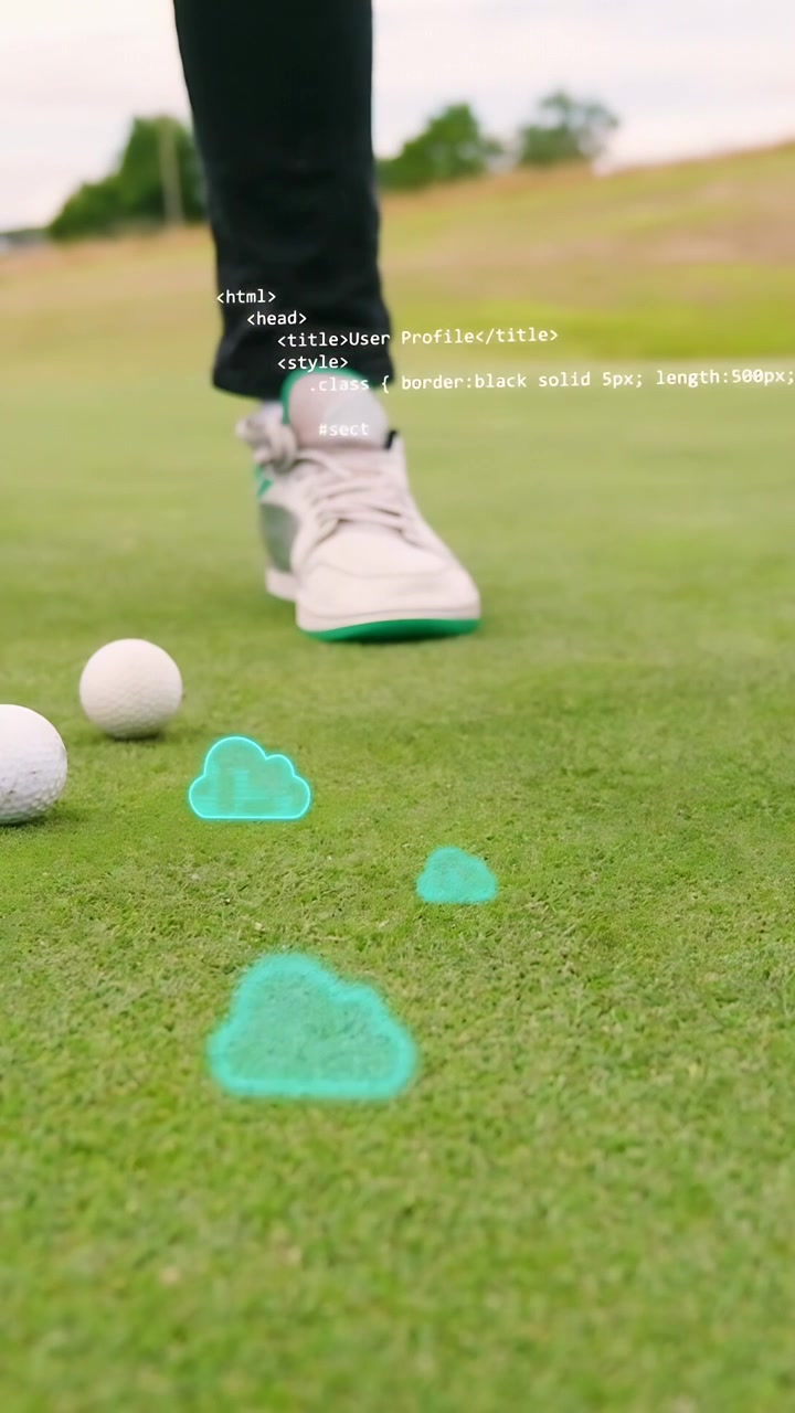 Video verticale: Golfista donna che posiziona il piede vicino alle palline, eseguendo un putt, nuvole AR che pulsano per la mira