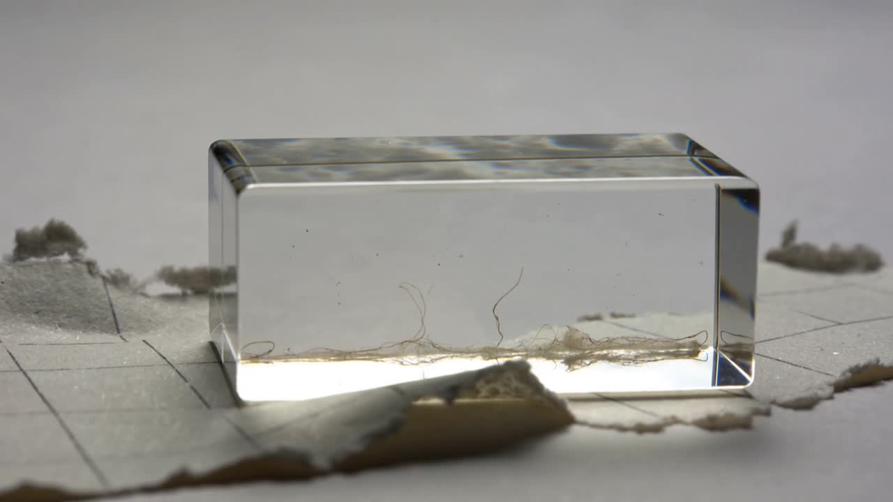 Mostrando un blocco trasparente che accumula fibre sottili da carta a righe strappata sottostante, mentre le cornici avanzano.