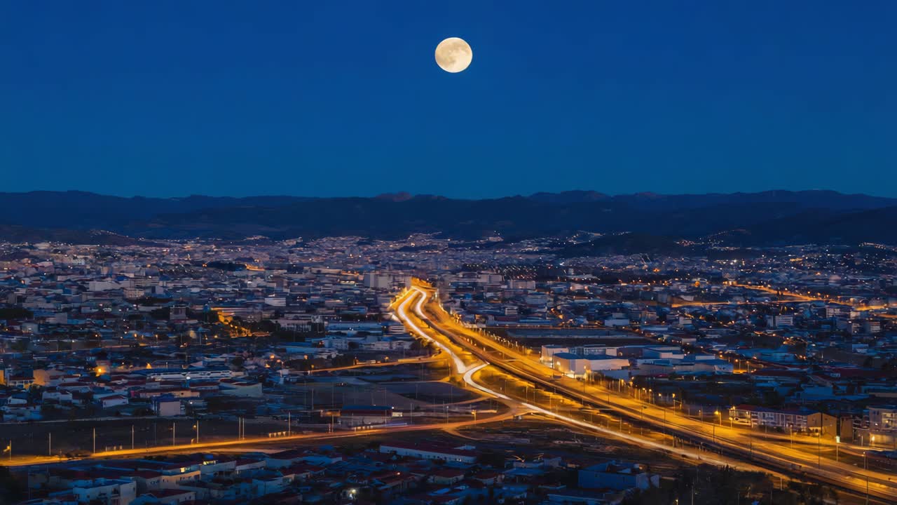Full Moon Over an Illuminated City at Night with Light Trails