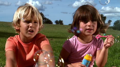 small girl blowing bubbles with a boy