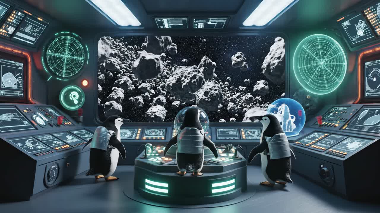 Penguins in a spaceship cockpit navigating an asteroid field