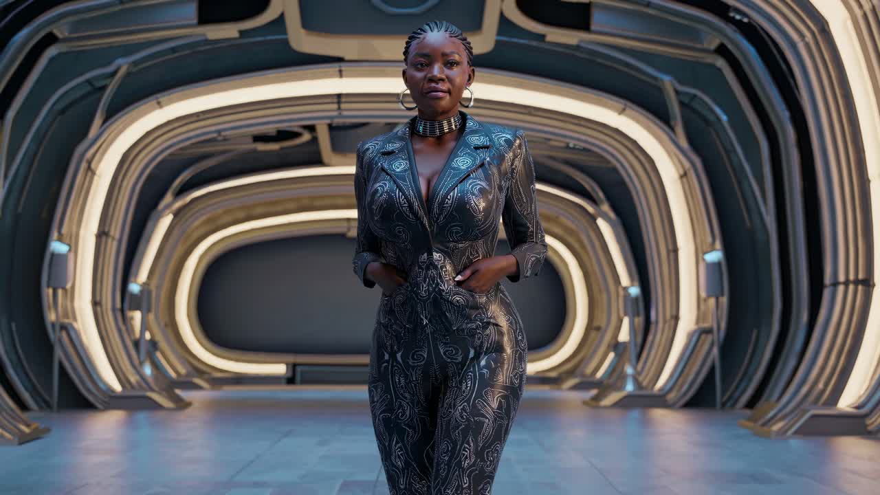 mujer afroamericana elegante en el corredor futurista