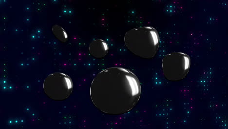 floating shiny black spheres over colorful animation on dark background