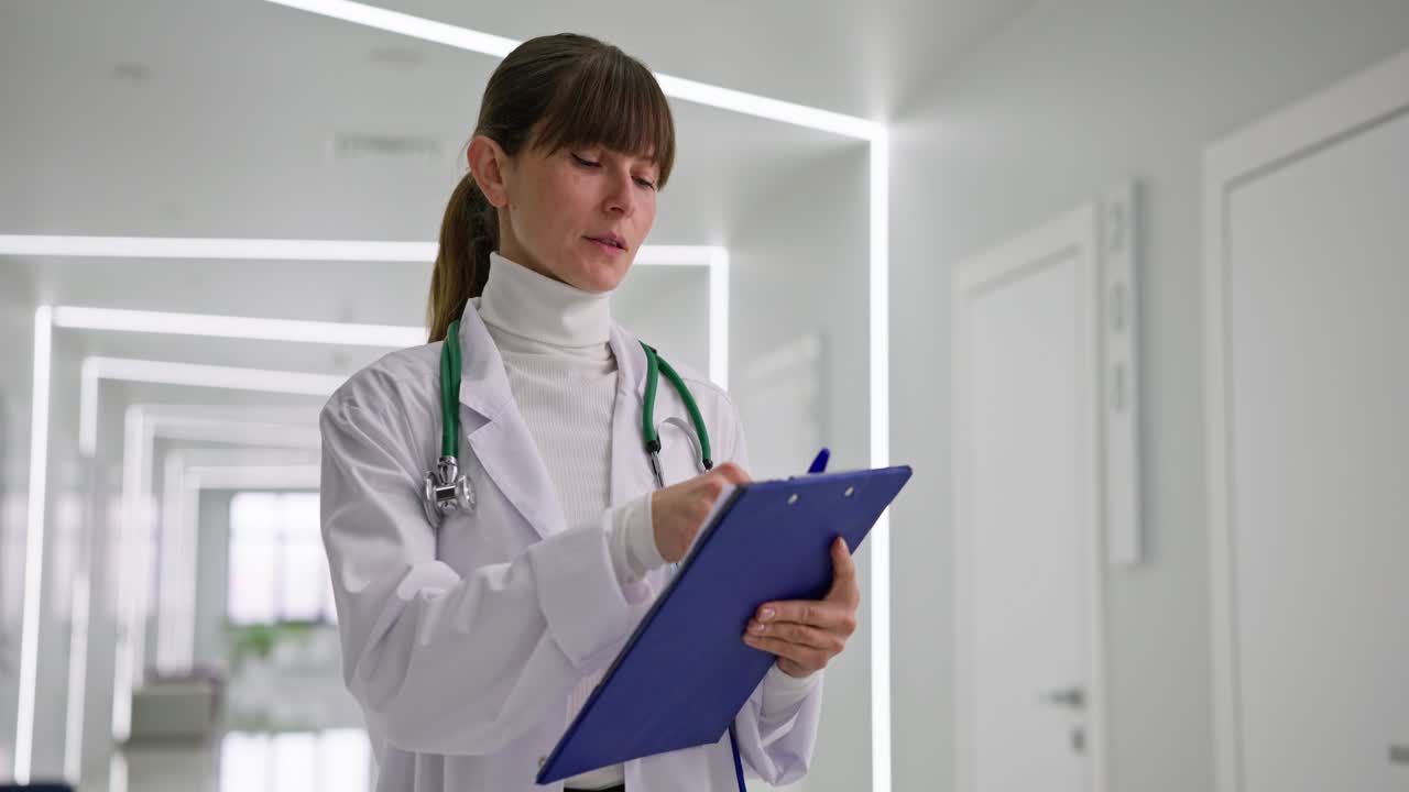 Doctor Reviewing Patient Records in Hospital Corridor