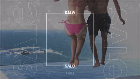 animation of sale text over couple jumping into water