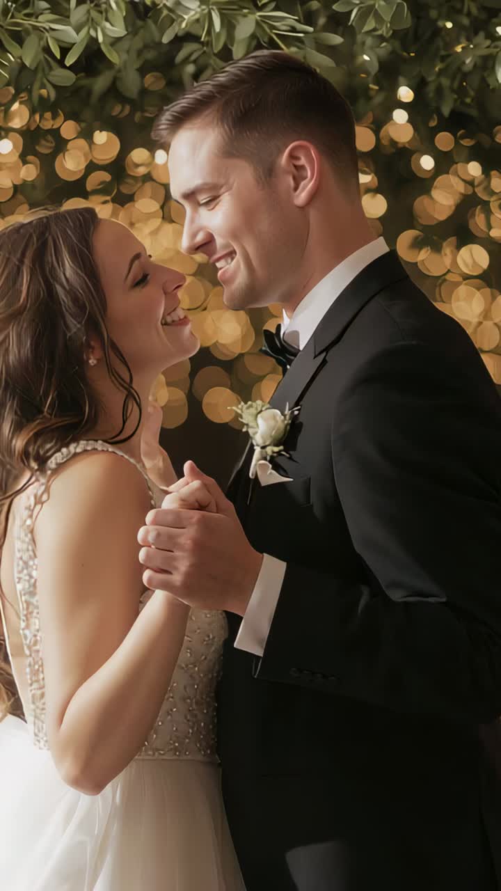 Vertical video: Song starting, dancing couple celebrating wedding at reception with beaded gown tux