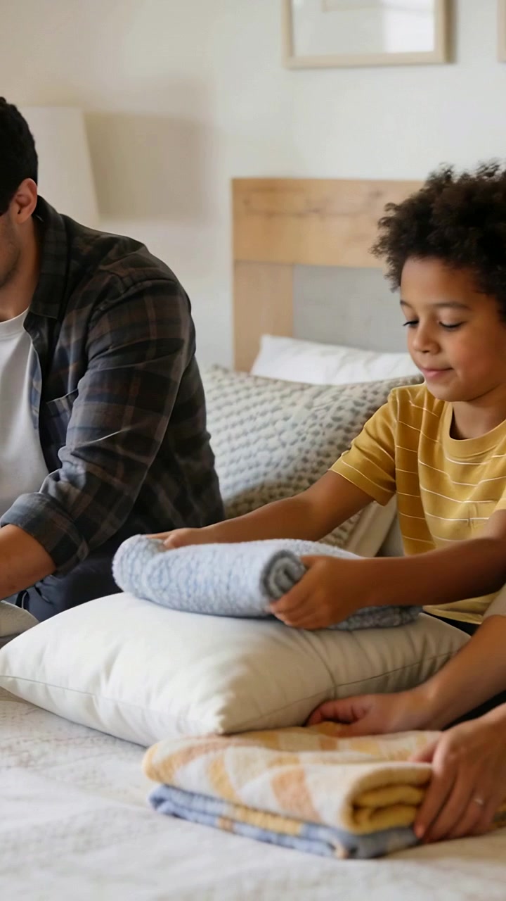 Vertical video: Reaching white pillow on bed, plaid parent tidying, child stacking gray towel