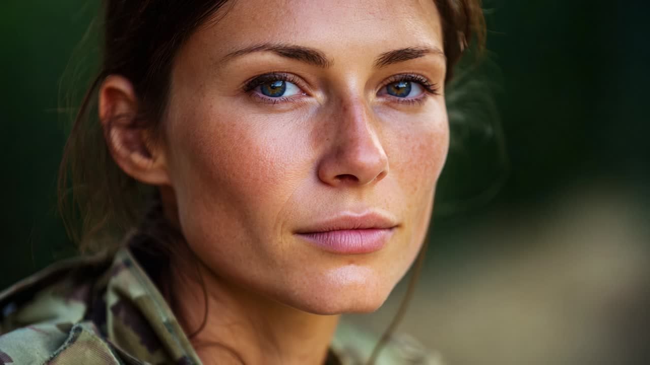 A Close-Up Portrait of a Determined Soldier Showcasing Strength and Resilience, Captured in Intimate Detail with Emphasis on Natural Beauty, Grit, and the Human Spirit Amidst a Serene Background