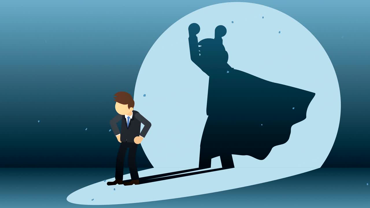 슈퍼히어로 그림자와 함께 서있는 사업가, 비즈니스 기호, 우승자 및 도전 개념, 만화 루프 애니메이션