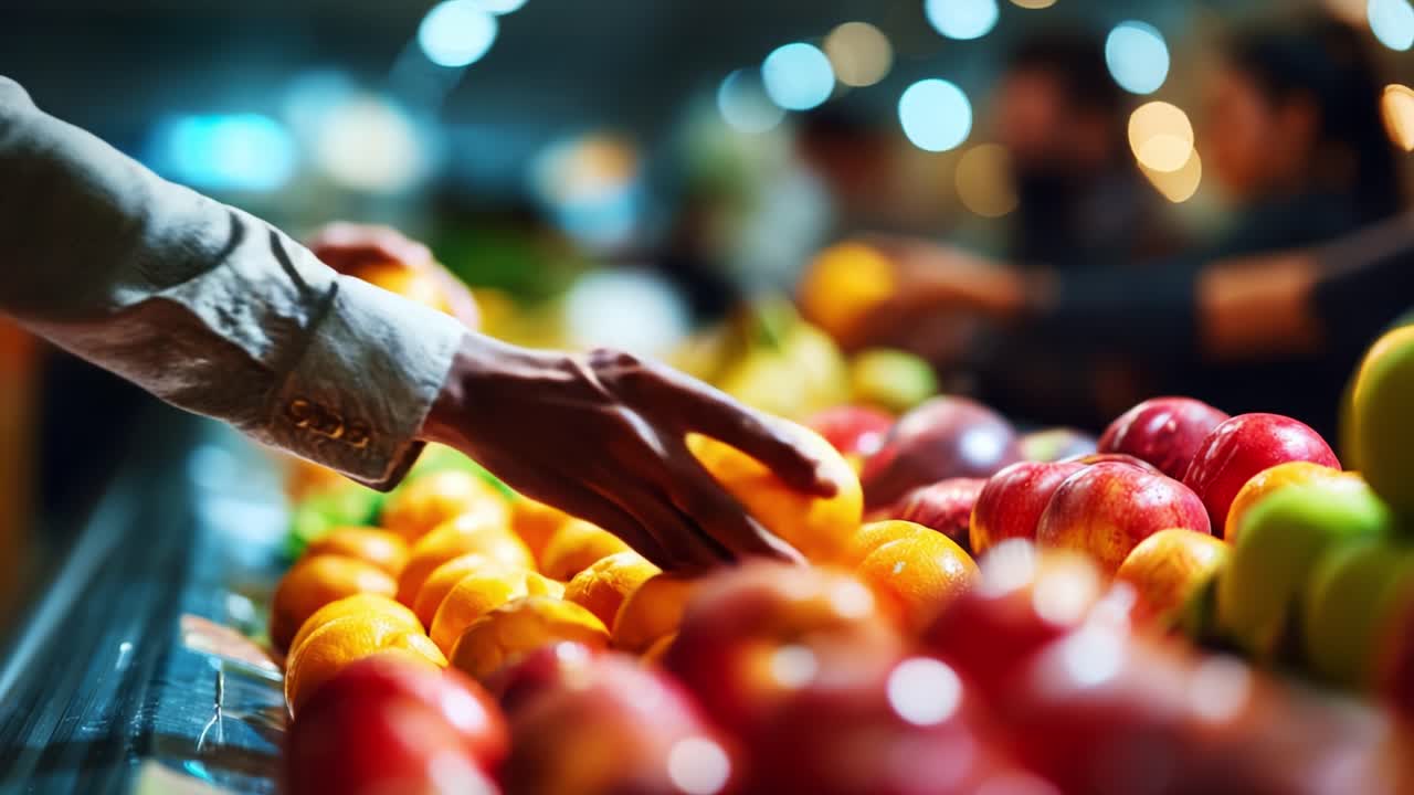 A Colorful Display of Fresh Produce Featuring Vibrant Apples and Citrus Fruits at a Grocery Store, Showcasing Hands Selecting the Perfect Fruits Amidst Lively Market Atmosphere