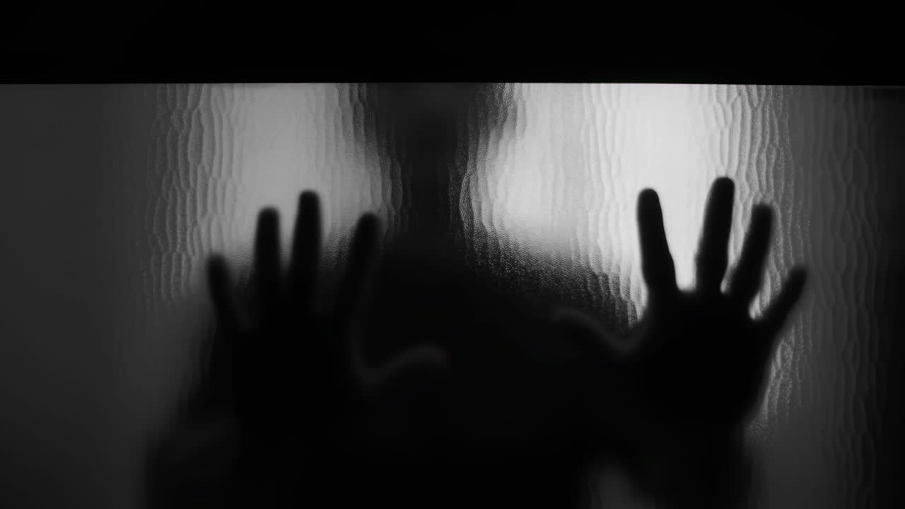 黑暗剪影中的手按在磨砂玻璃上