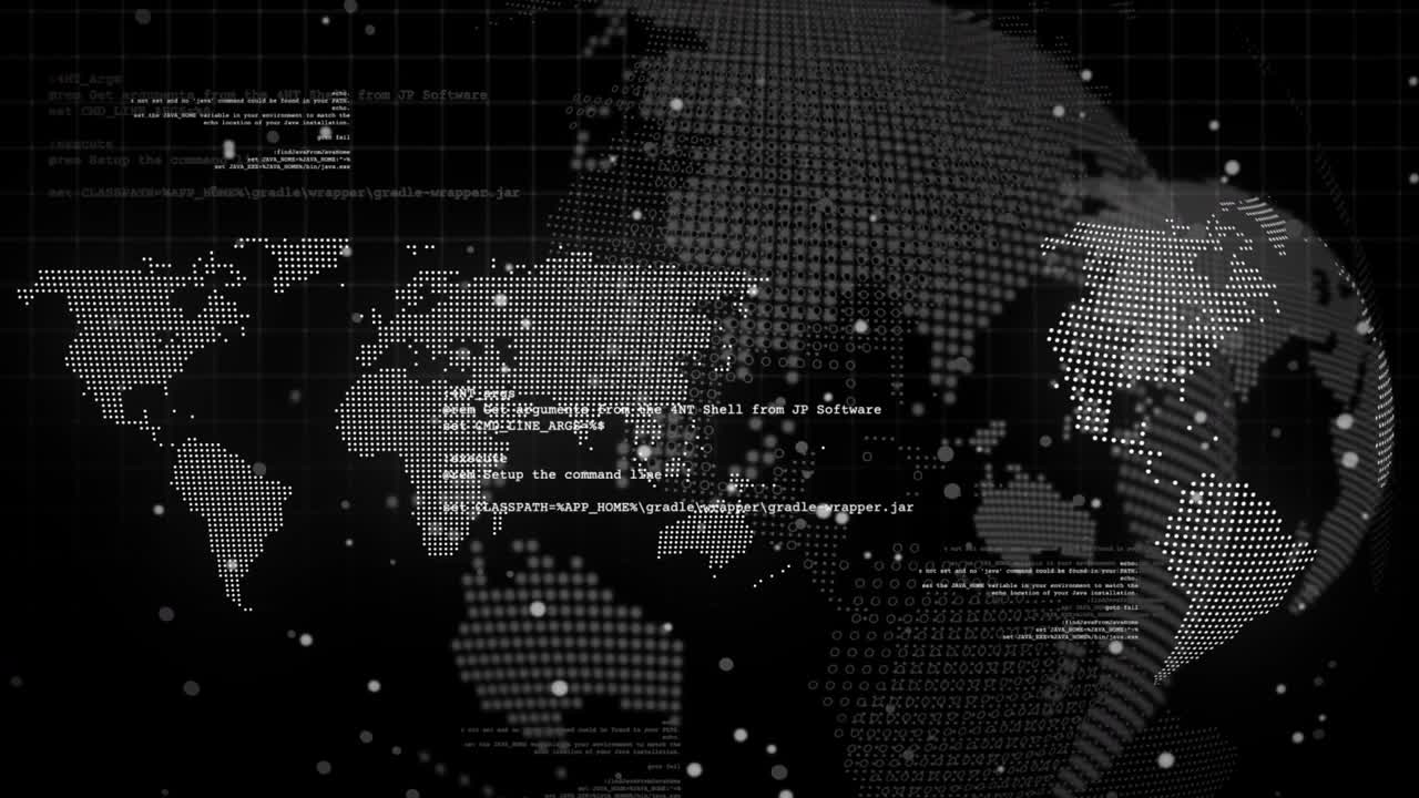 Animation of data processing with world map and globe on black background