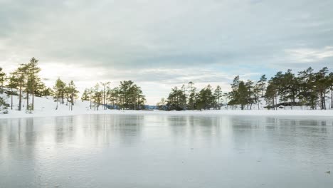 Vorbeiziehende-Wolken-Mit-Reflexion-In-Eis-Und-Wald